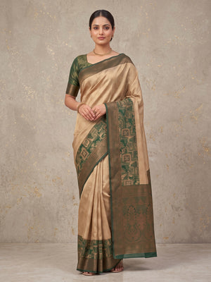 Peachmode Beige Kanjivaram Silk Woven Saree - Image 2