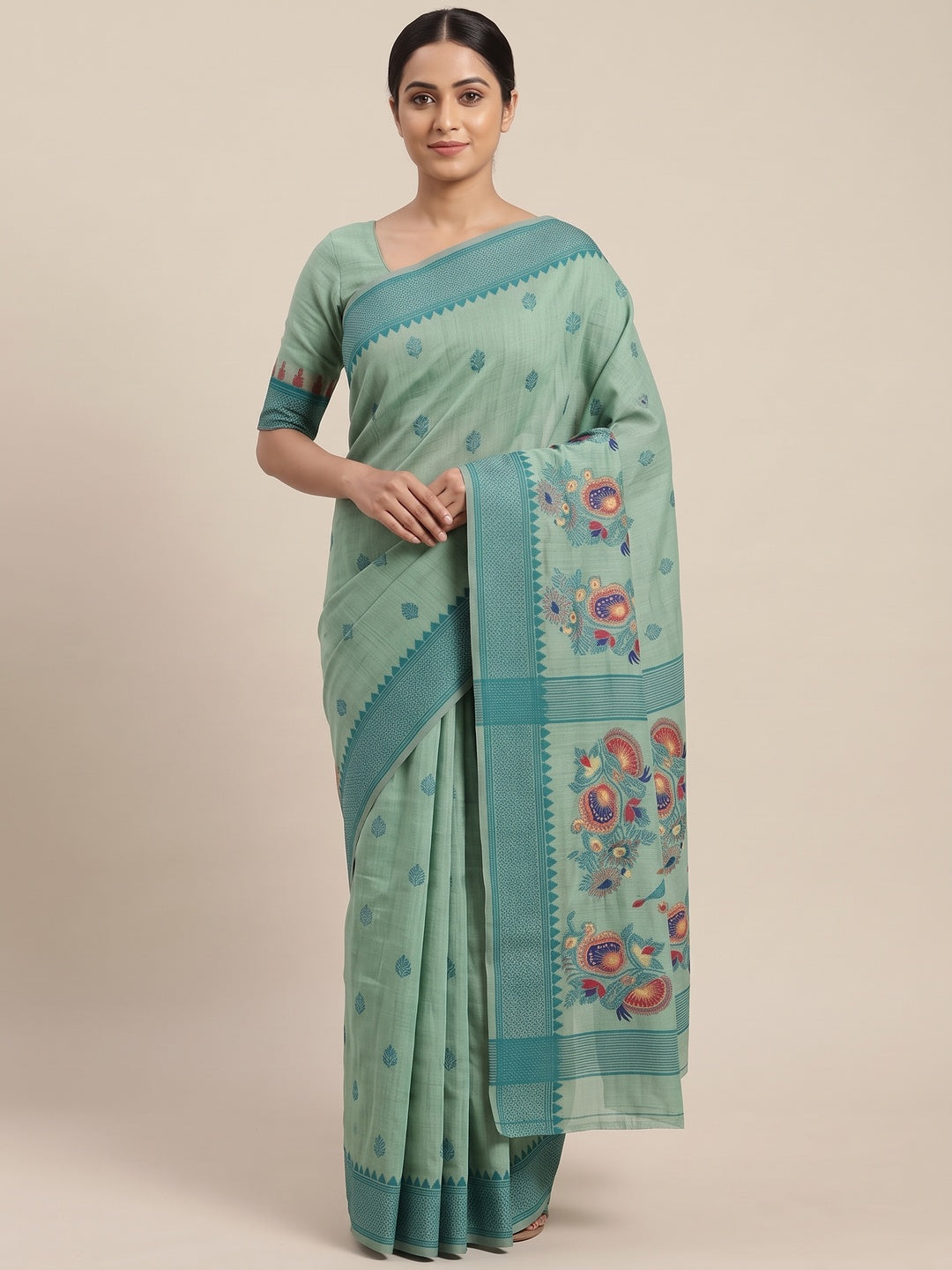 Peachmode Green Jamdani Cotton Woven Saree - Image 2
