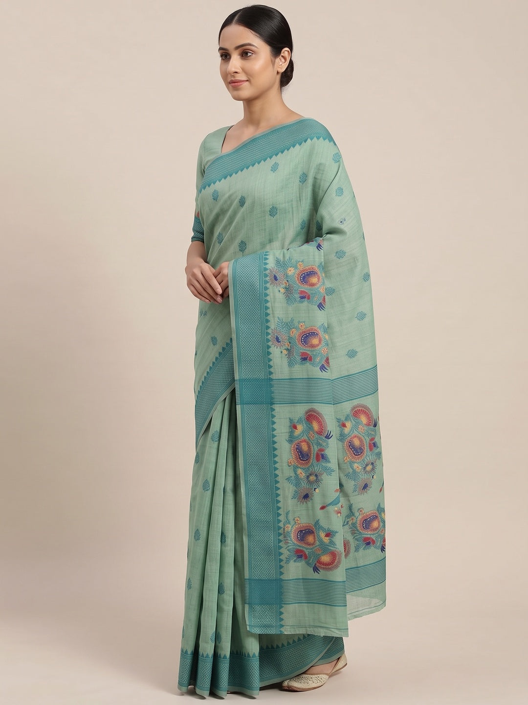 Peachmode Green Jamdani Cotton Woven Saree - Image 3