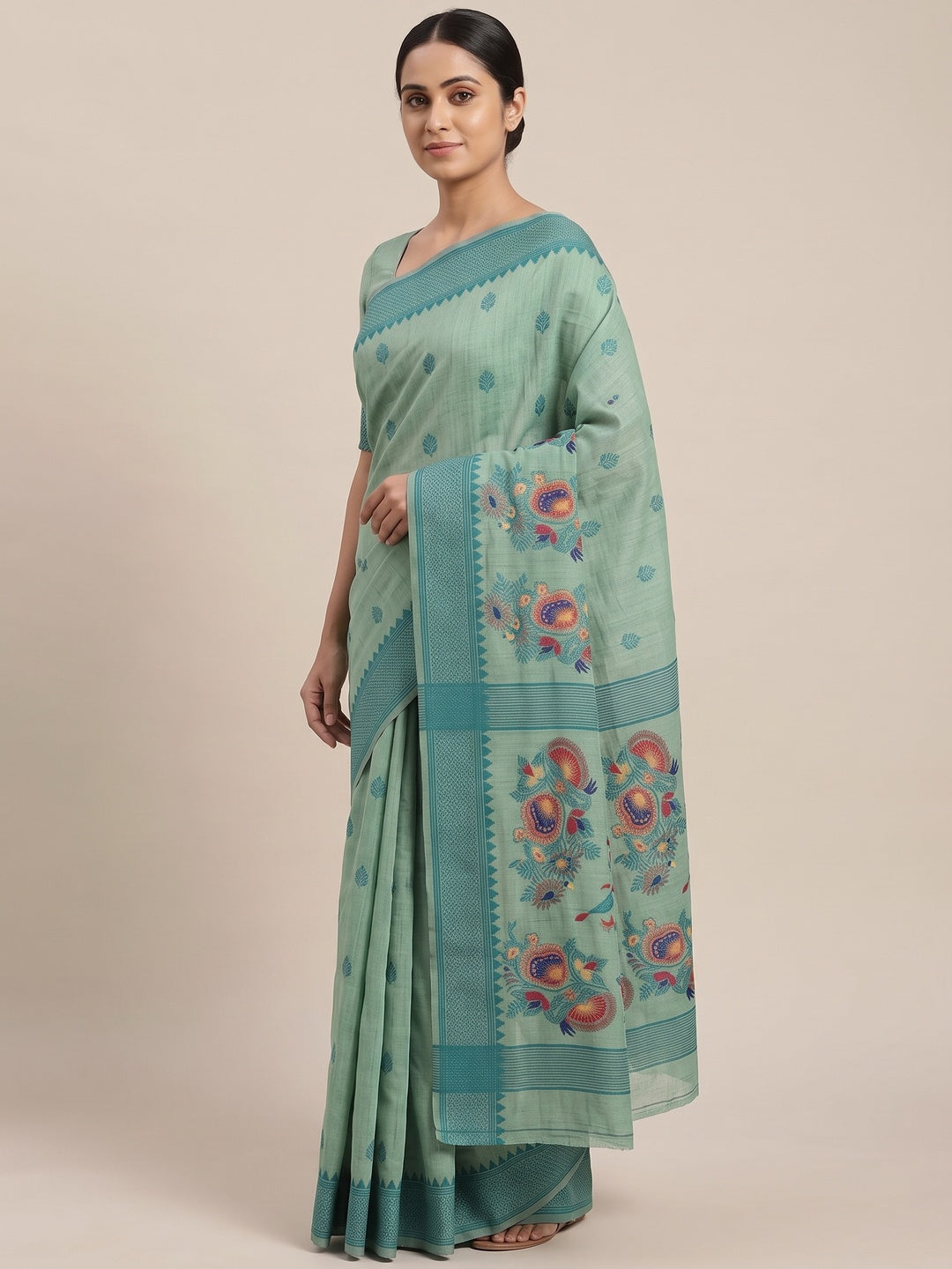 Peachmode Green Jamdani Cotton Woven Saree - Image 4