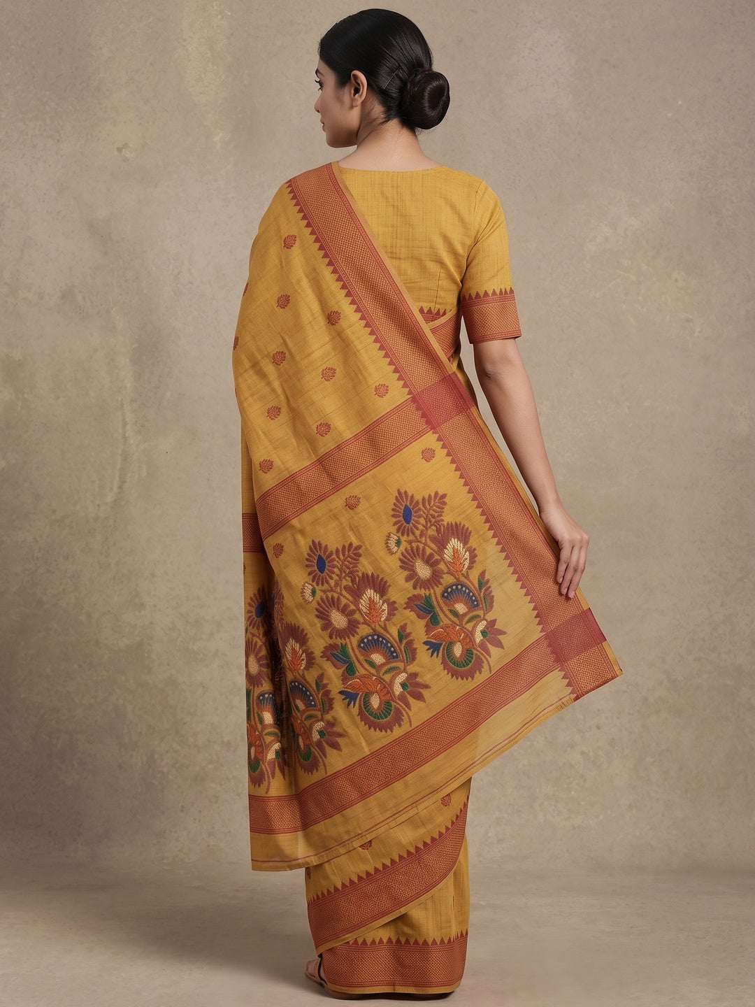 Peachmode Mustard Jamdani Cotton Woven Saree - Image 5
