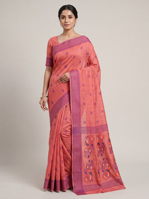 Peachmode Coral Jamdani Cotton Woven Saree - Image 1