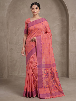 Peachmode Coral Jamdani Cotton Woven Saree - Image 2
