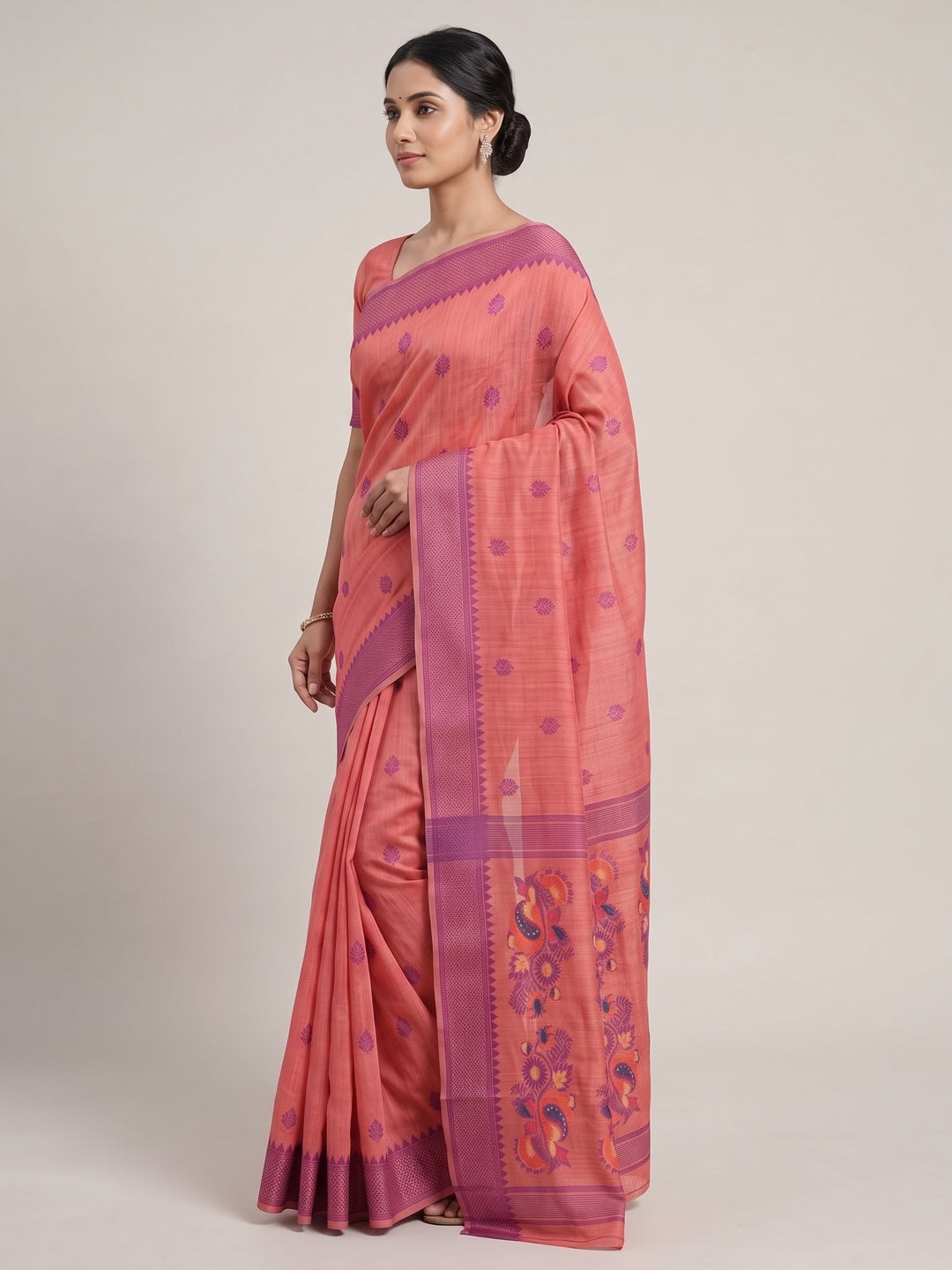 Peachmode Coral Jamdani Cotton Woven Saree - Image 3