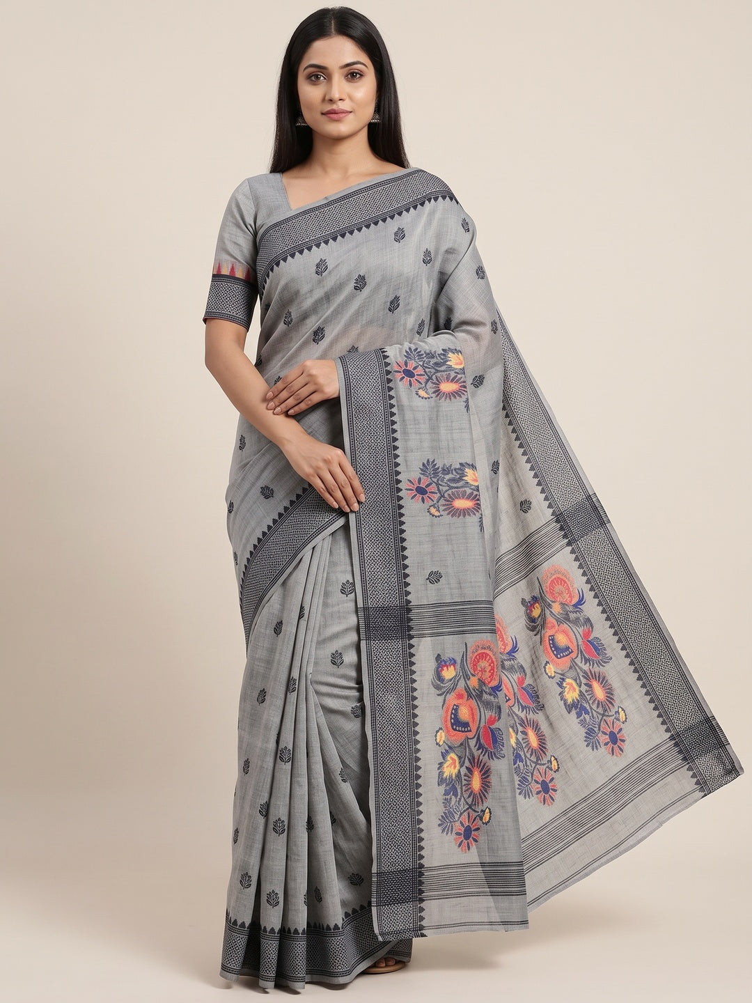 Peachmode Grey Jamdani Cotton Woven Saree - Image 1