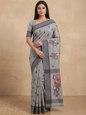 Peachmode Grey Jamdani Cotton Woven Saree - Image 2