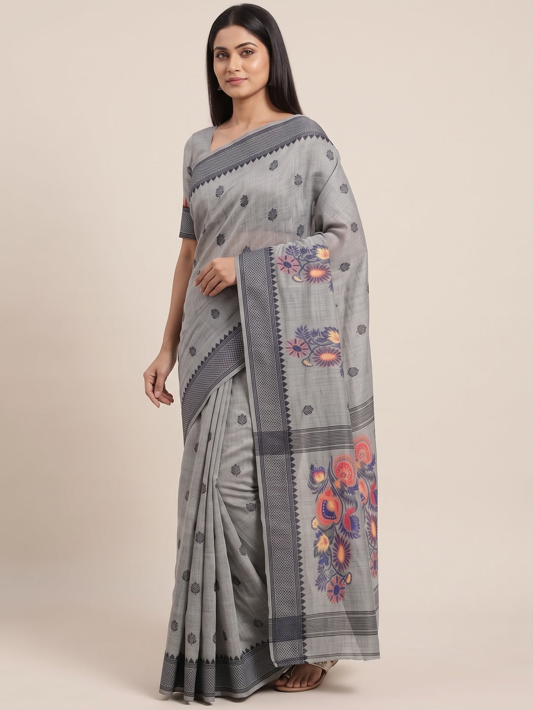 Peachmode Grey Jamdani Cotton Woven Saree - Image 3