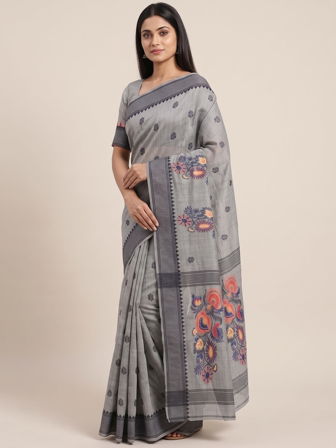 Peachmode Grey Jamdani Cotton Woven Saree - Image 4