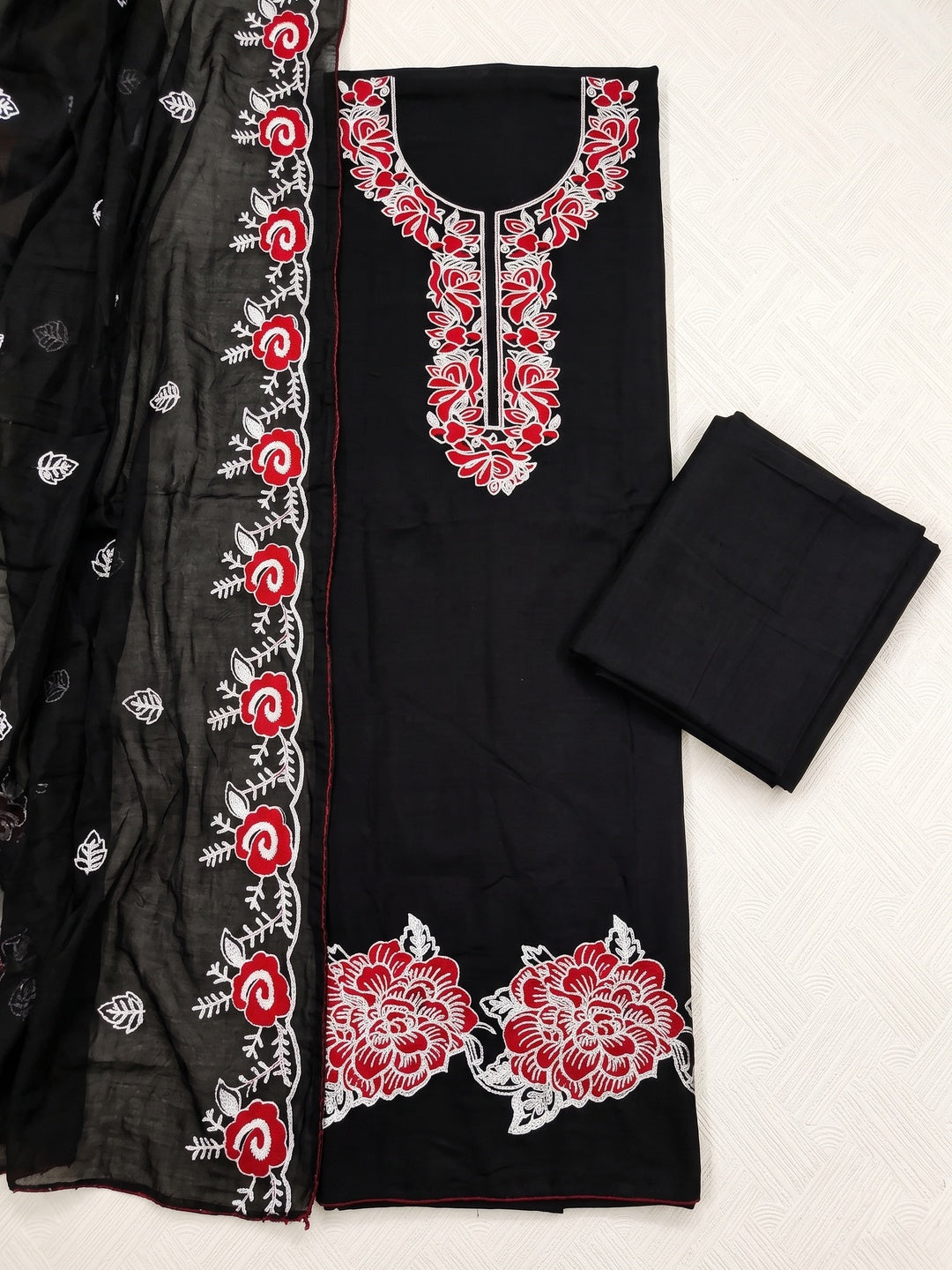 Peachmode Black Red Floral Embroidered Roman Silk Dress Material - Image 3