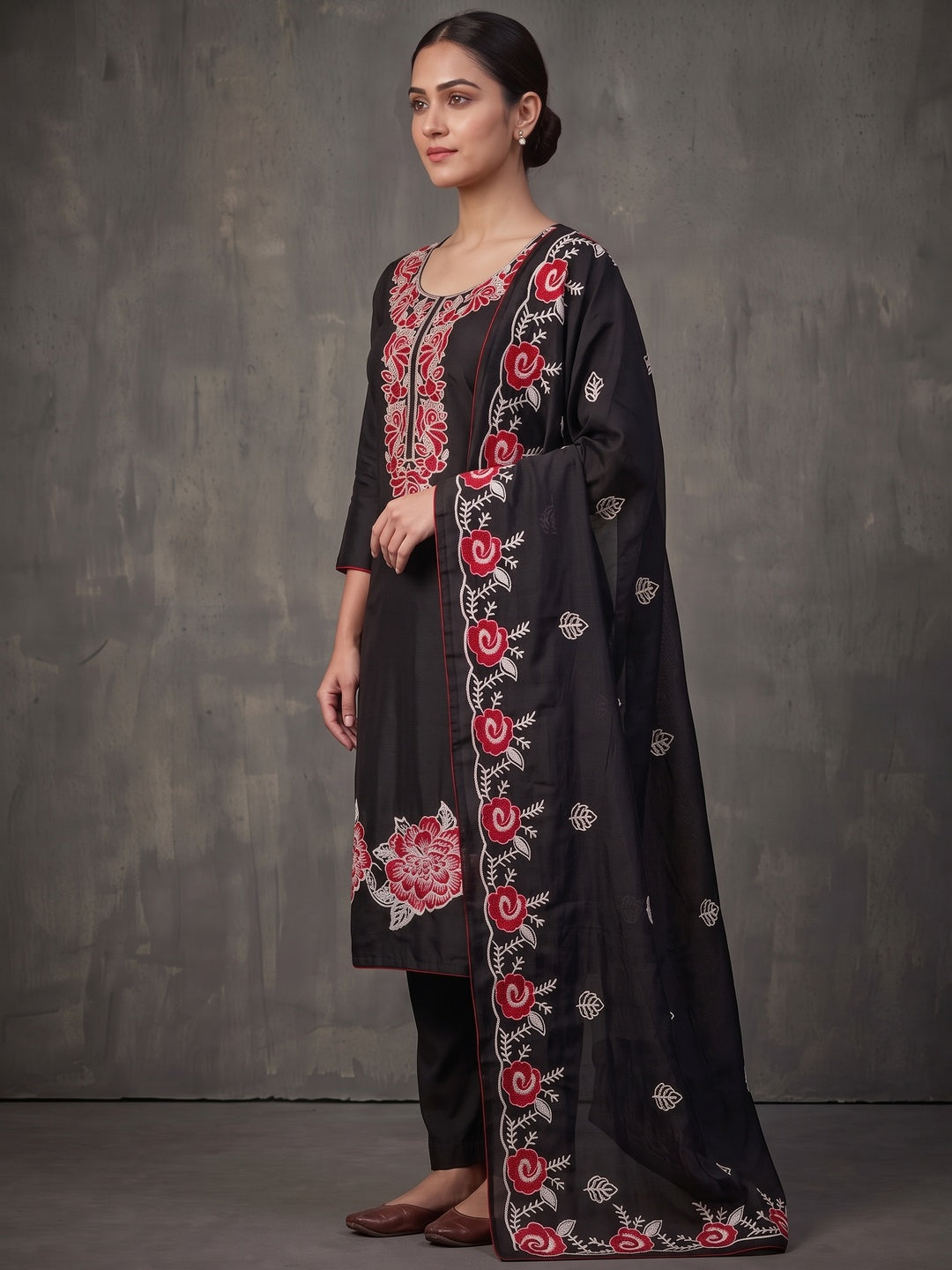 Peachmode Black Red Floral Embroidered Roman Silk Dress Material - Image 5