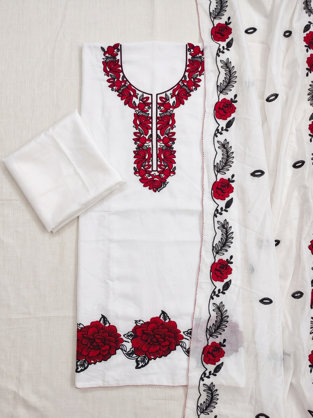 Peachmode White Red Floral Embroidered Roman Silk Dress Material - Image 3