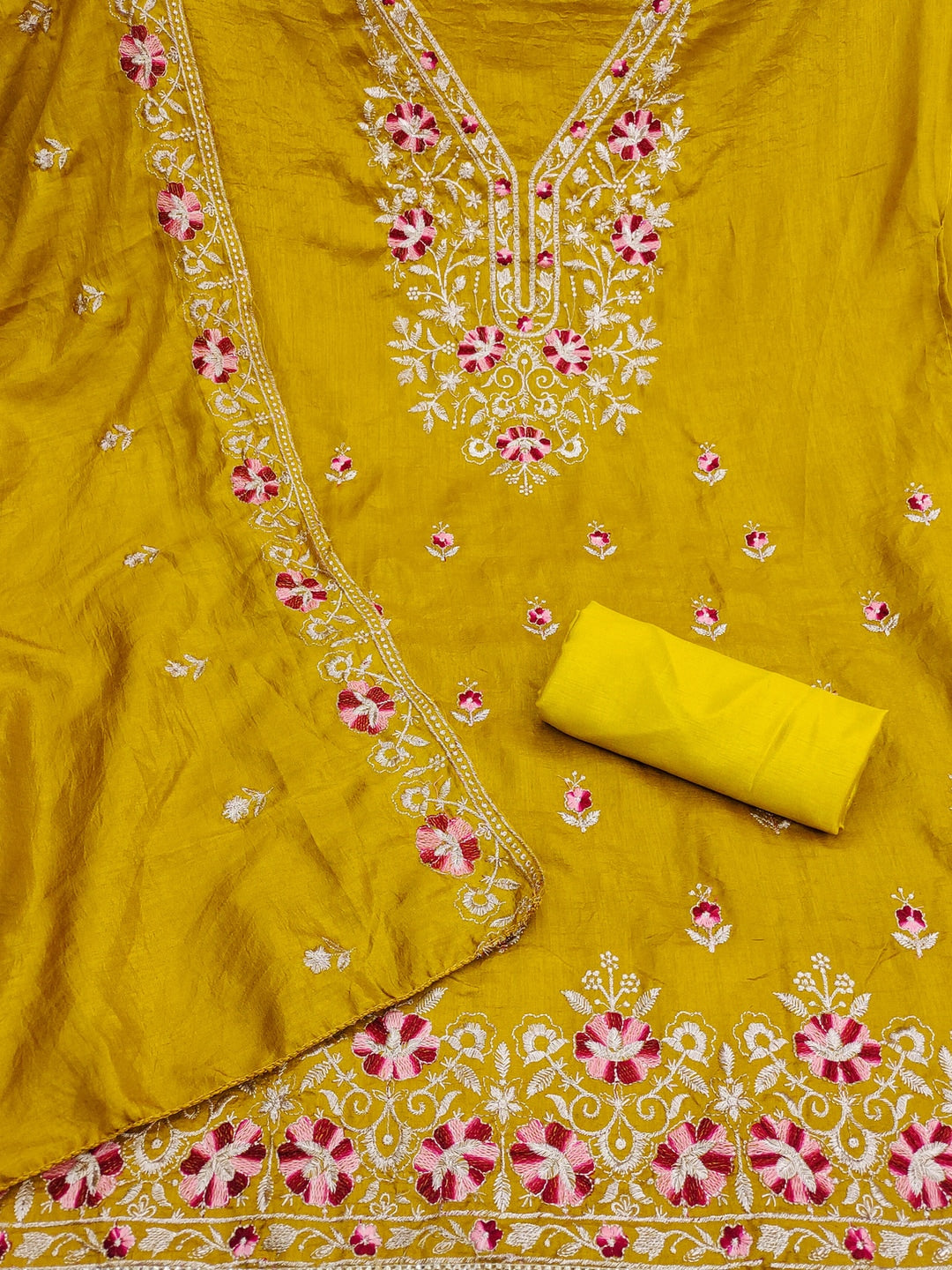 Peachmode Mustard Floral Embroidered Silk Blend Dress Material - Image 3