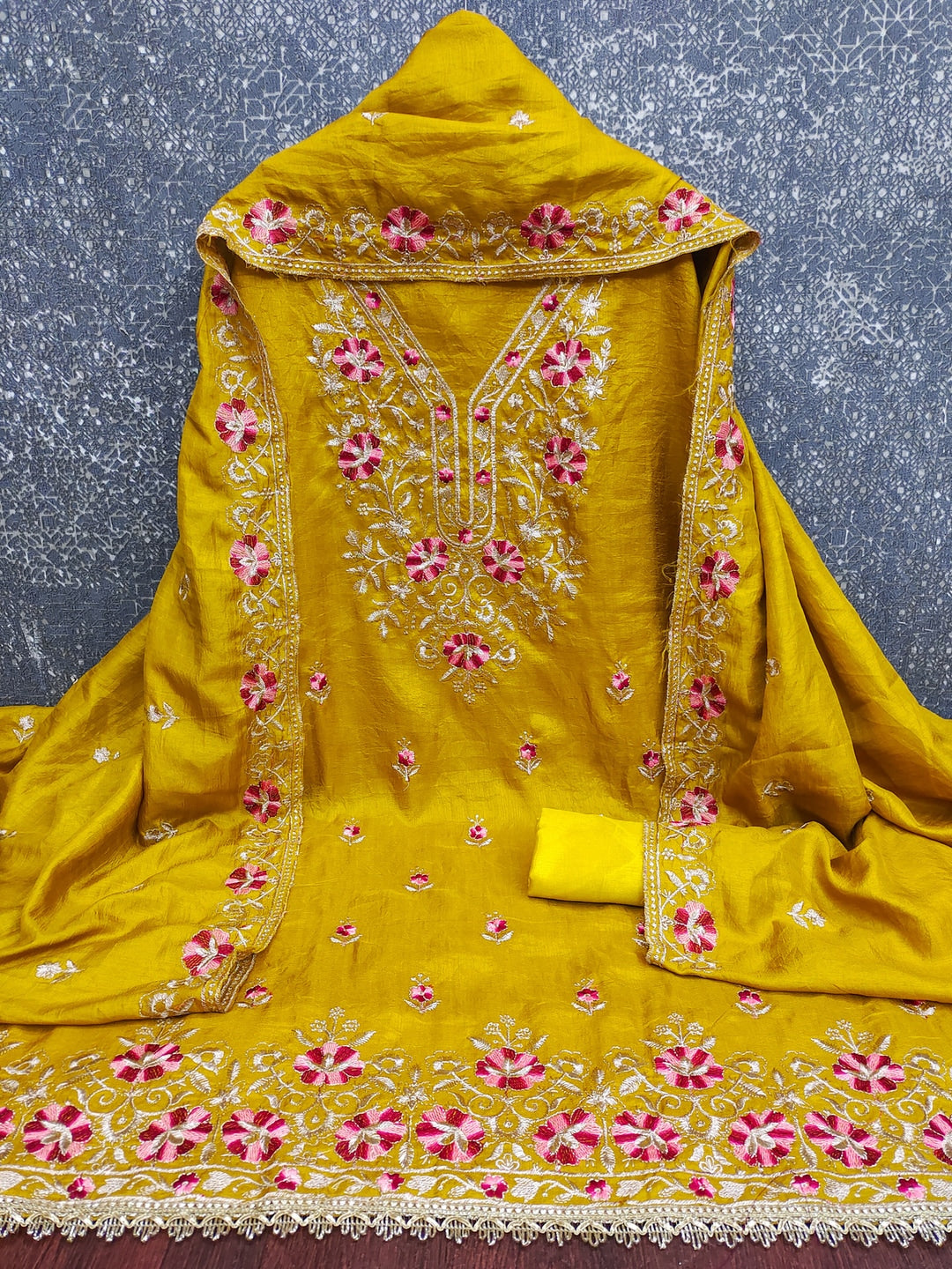 Peachmode Mustard Floral Embroidered Silk Blend Dress Material - Image 4