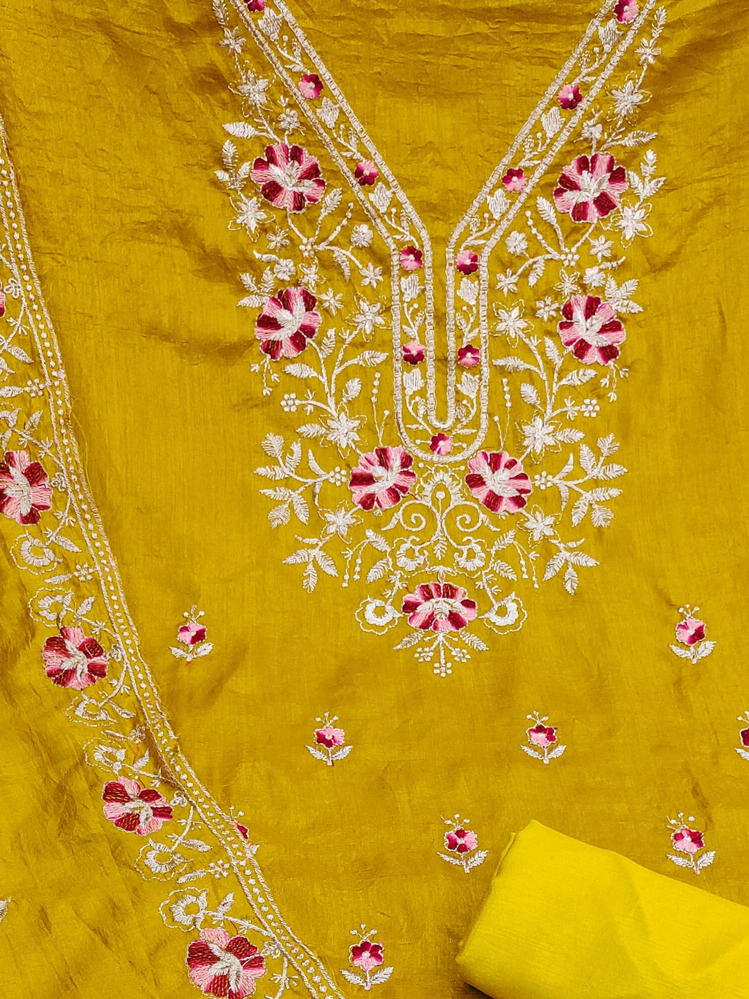 Peachmode Mustard Floral Embroidered Silk Blend Dress Material - Image 5