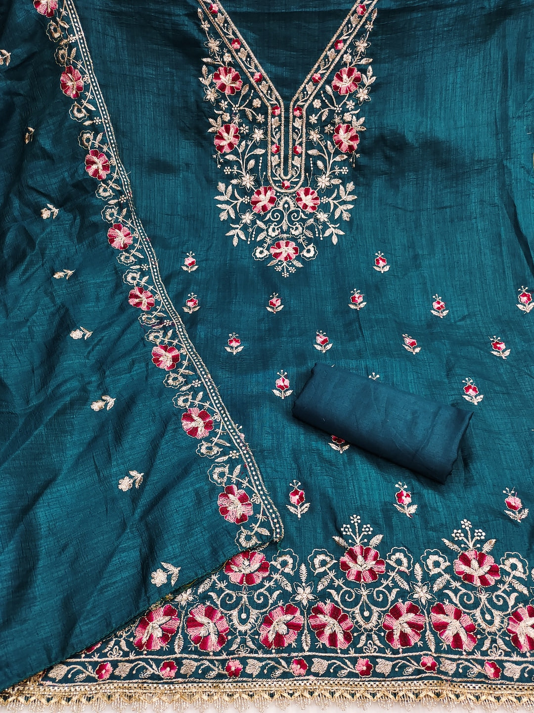 Peachmode Teal Floral Embroidered Silk Blend Dress Material - Image 3