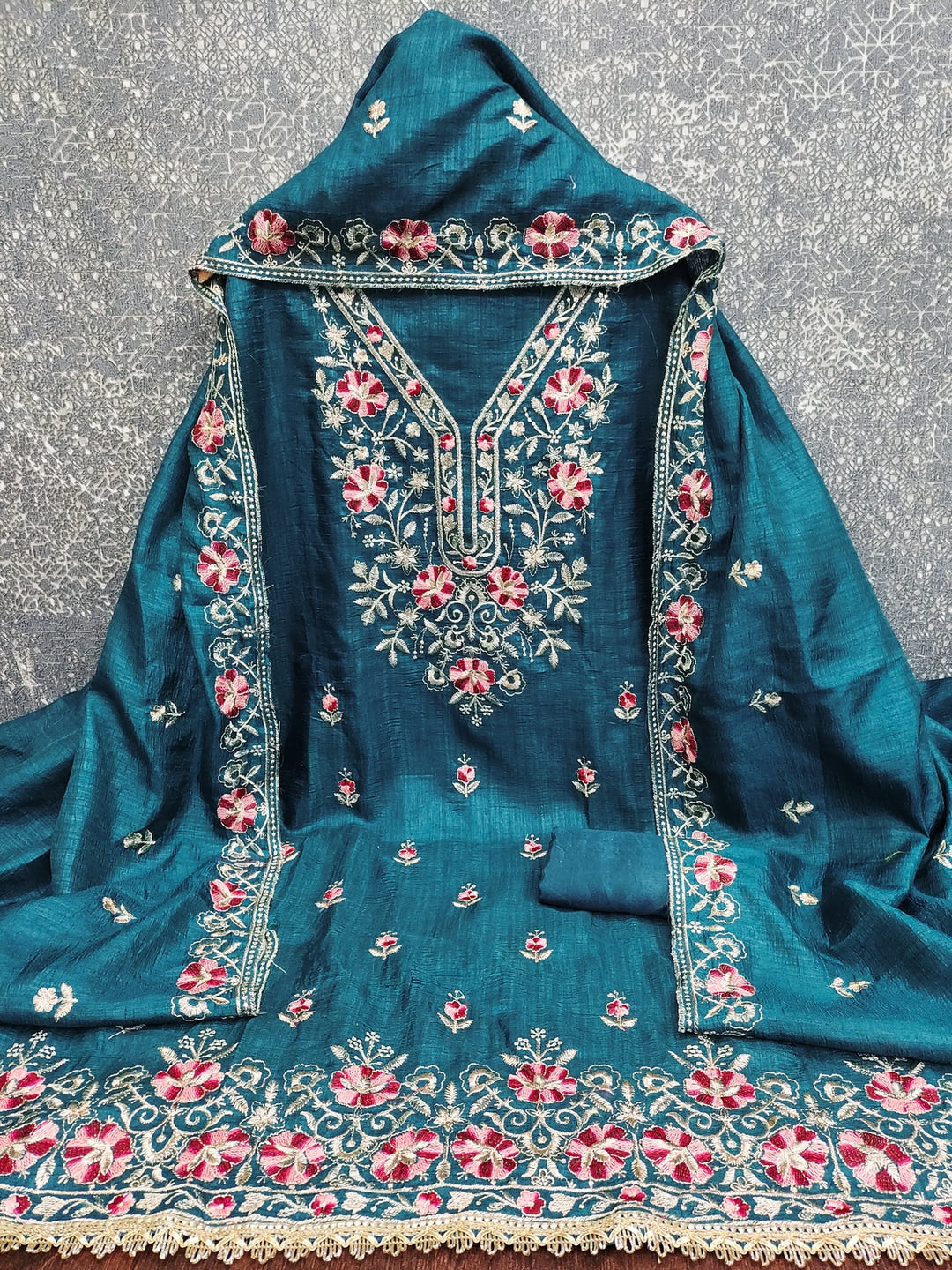 Peachmode Teal Floral Embroidered Silk Blend Dress Material - Image 4