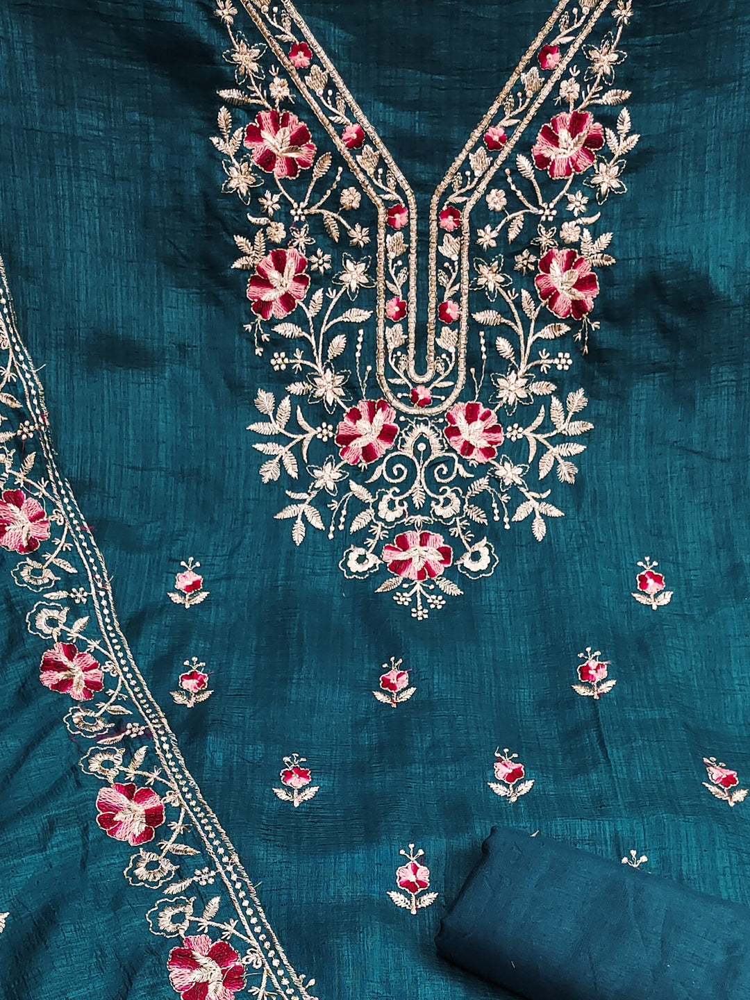 Peachmode Teal Floral Embroidered Silk Blend Dress Material - Image 5
