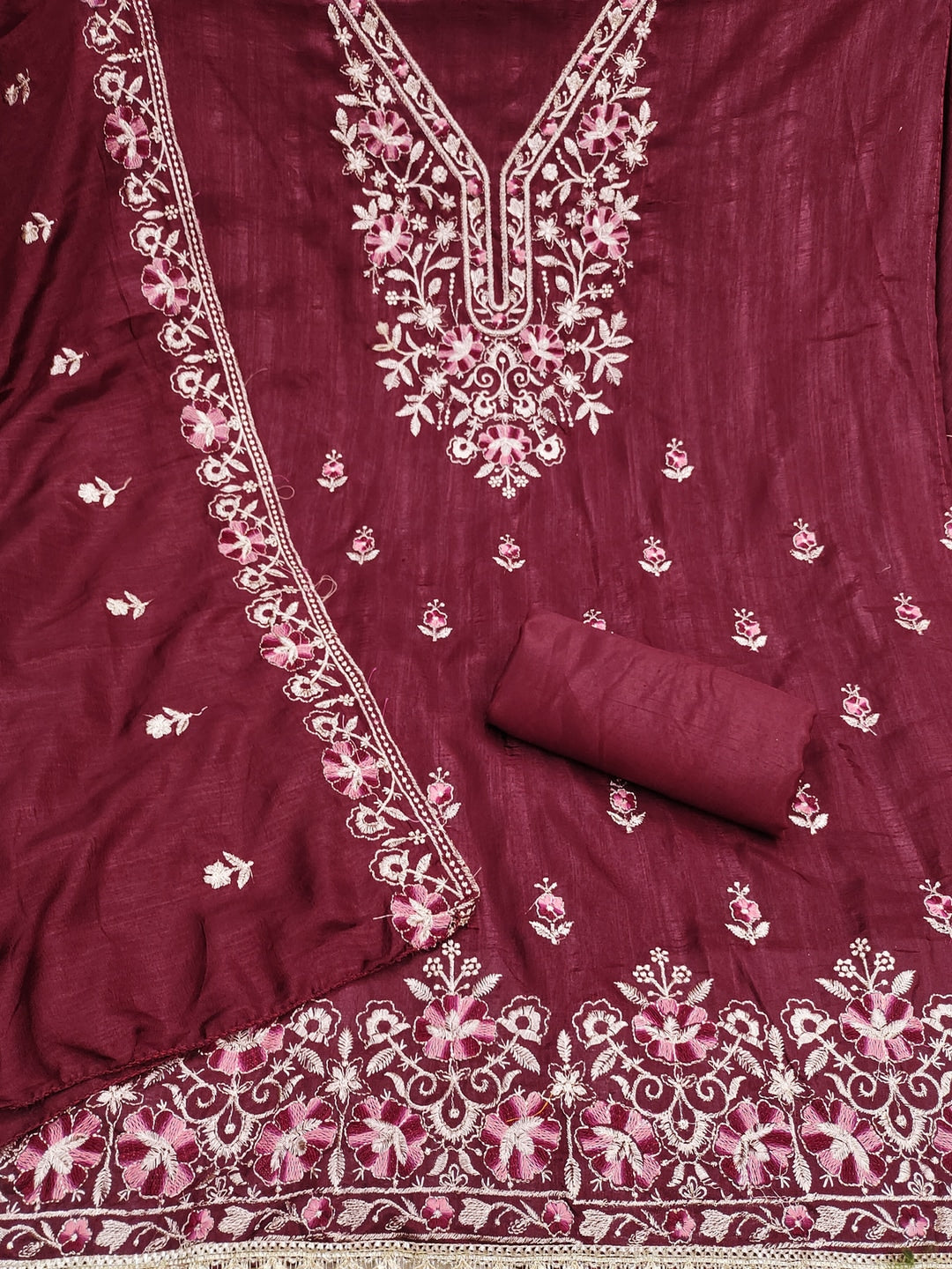Peachmode Maroon Floral Embroidered Silk Blend Dress Material - Image 3