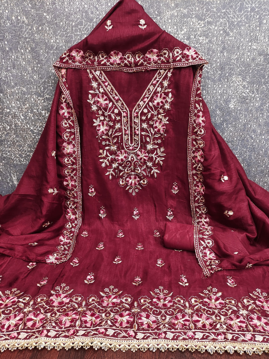 Peachmode Maroon Floral Embroidered Silk Blend Dress Material - Image 4