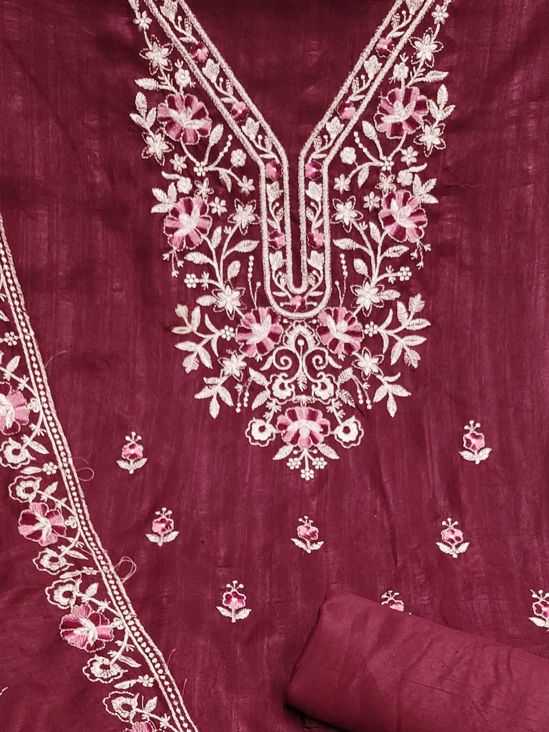 Peachmode Maroon Floral Embroidered Silk Blend Dress Material - Image 5