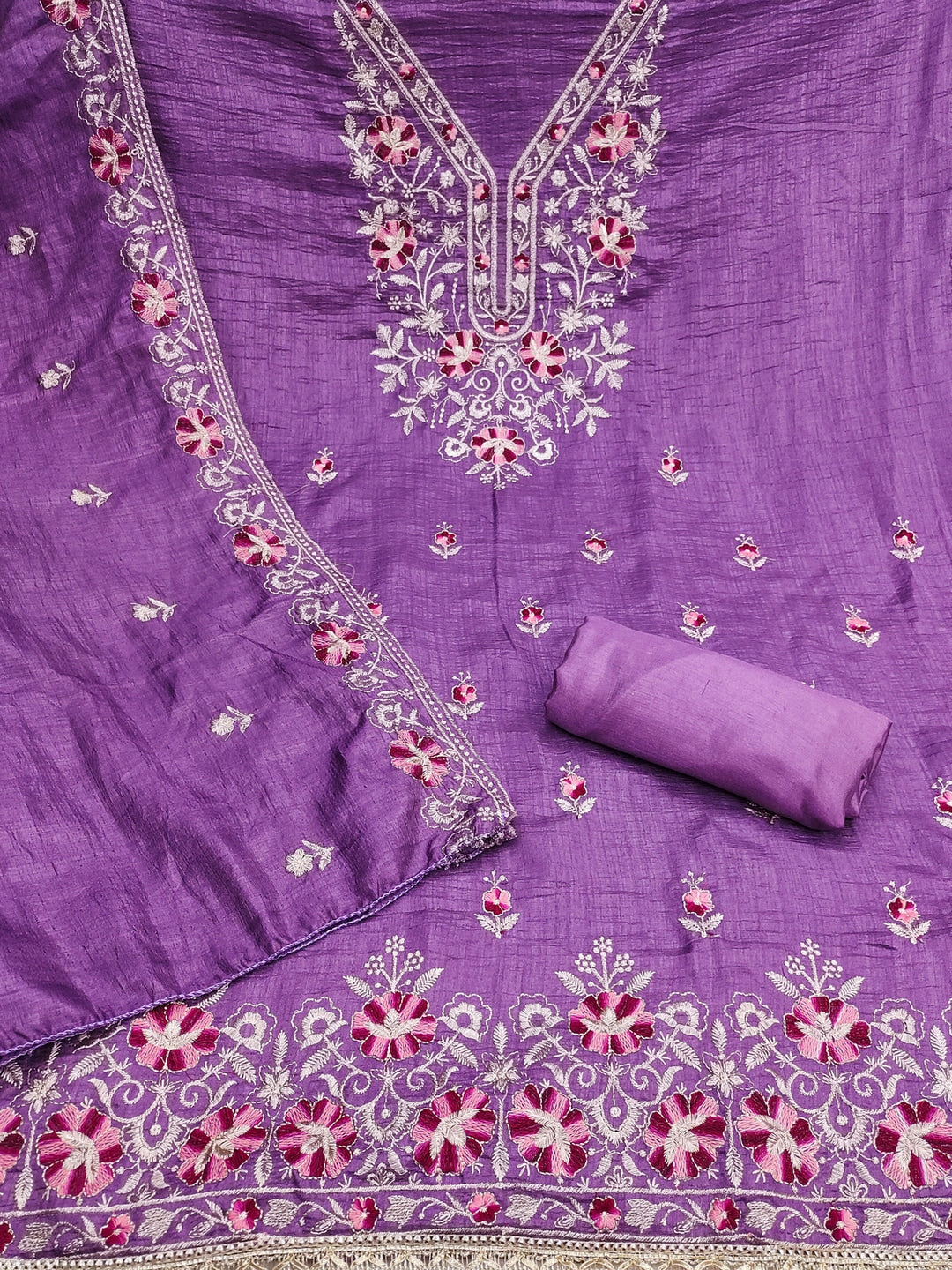 Peachmode Lavender Floral Embroidered Silk Blend Dress Material - Image 3
