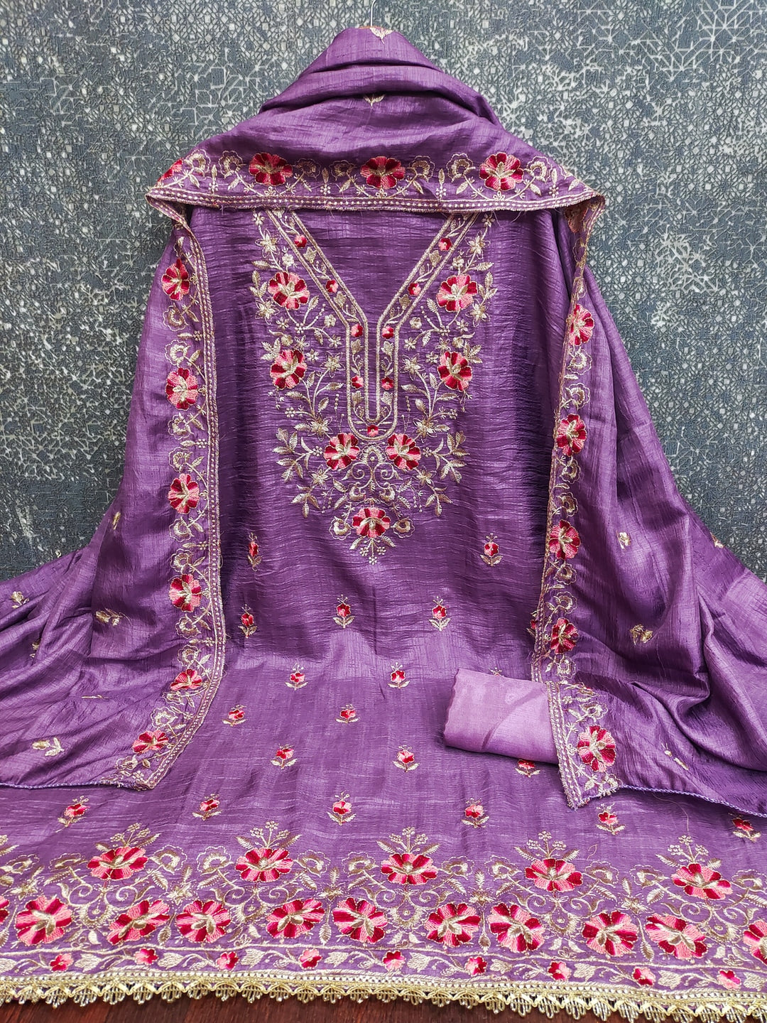 Peachmode Lavender Floral Embroidered Silk Blend Dress Material - Image 4