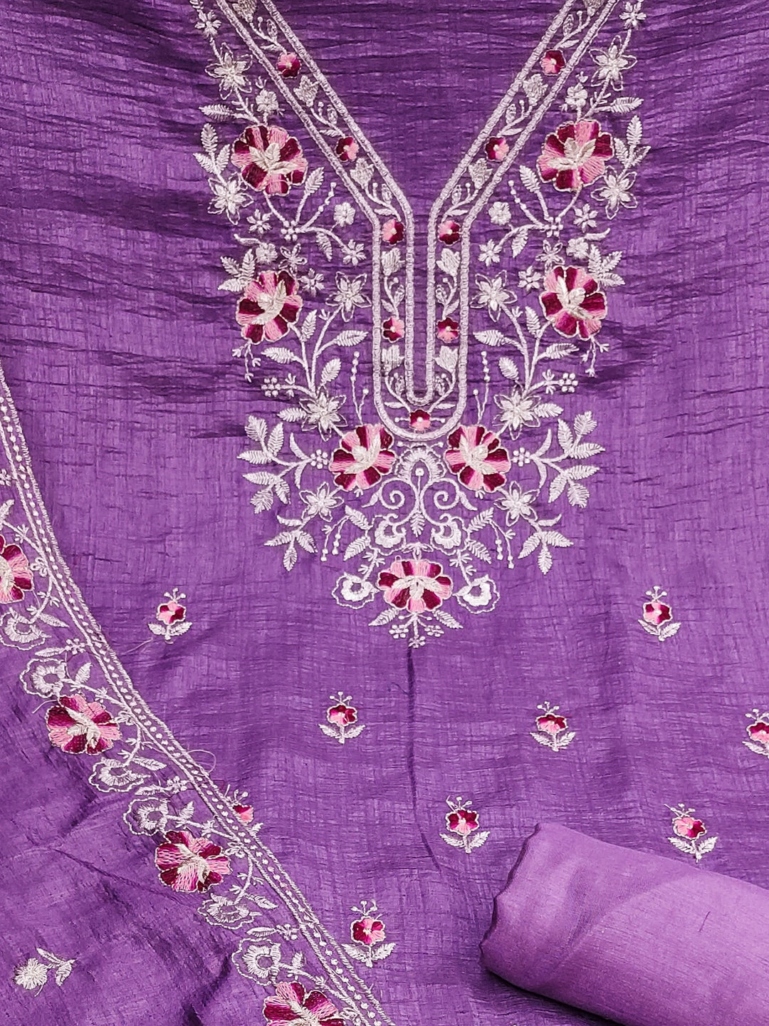 Peachmode Lavender Floral Embroidered Silk Blend Dress Material - Image 5