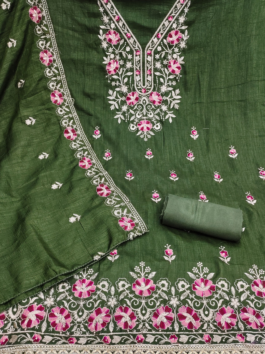 Peachmode Olive Floral Embroidered Silk Blend Dress Material - Image 3