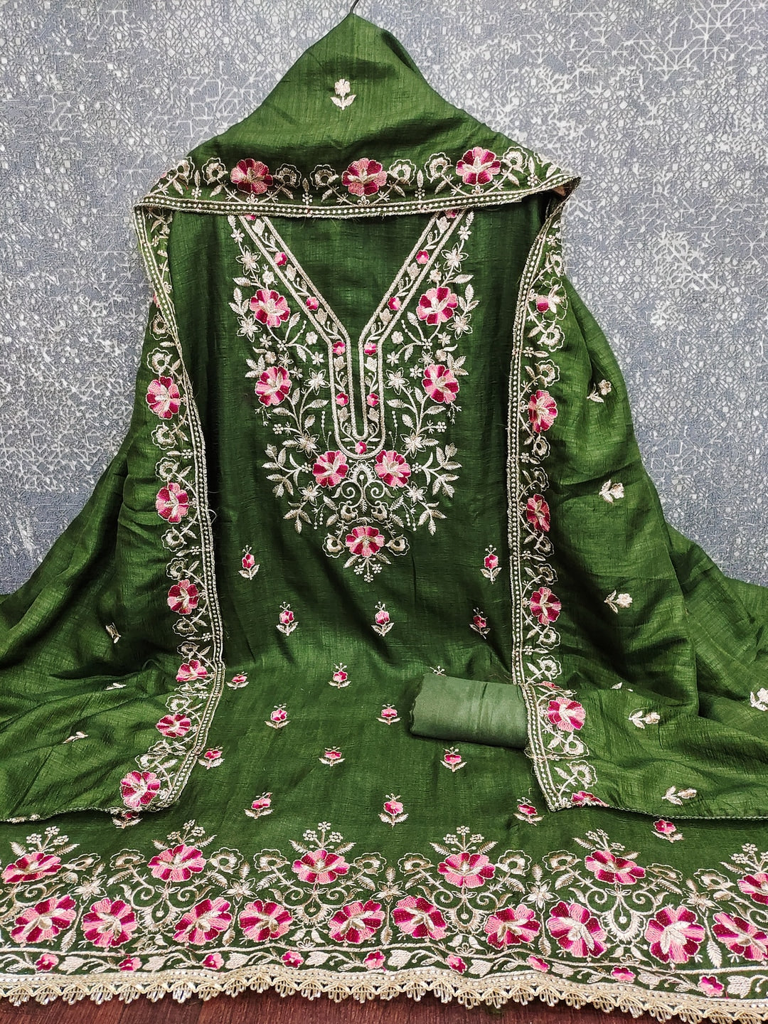 Peachmode Olive Floral Embroidered Silk Blend Dress Material - Image 4