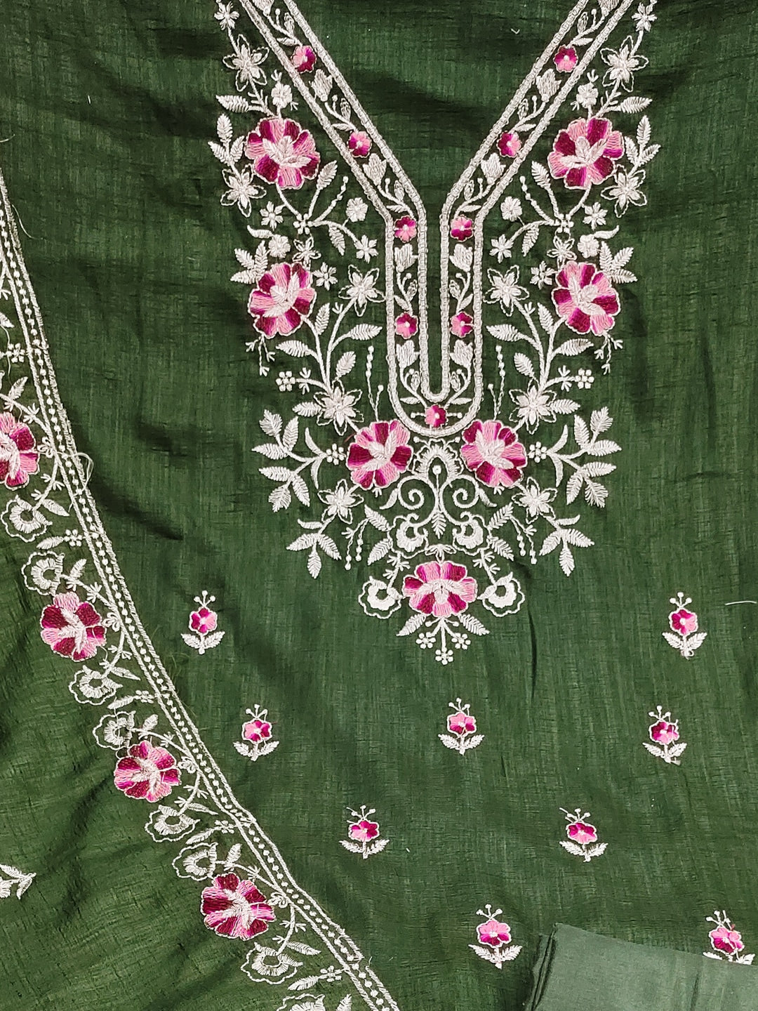 Peachmode Olive Floral Embroidered Silk Blend Dress Material - Image 5