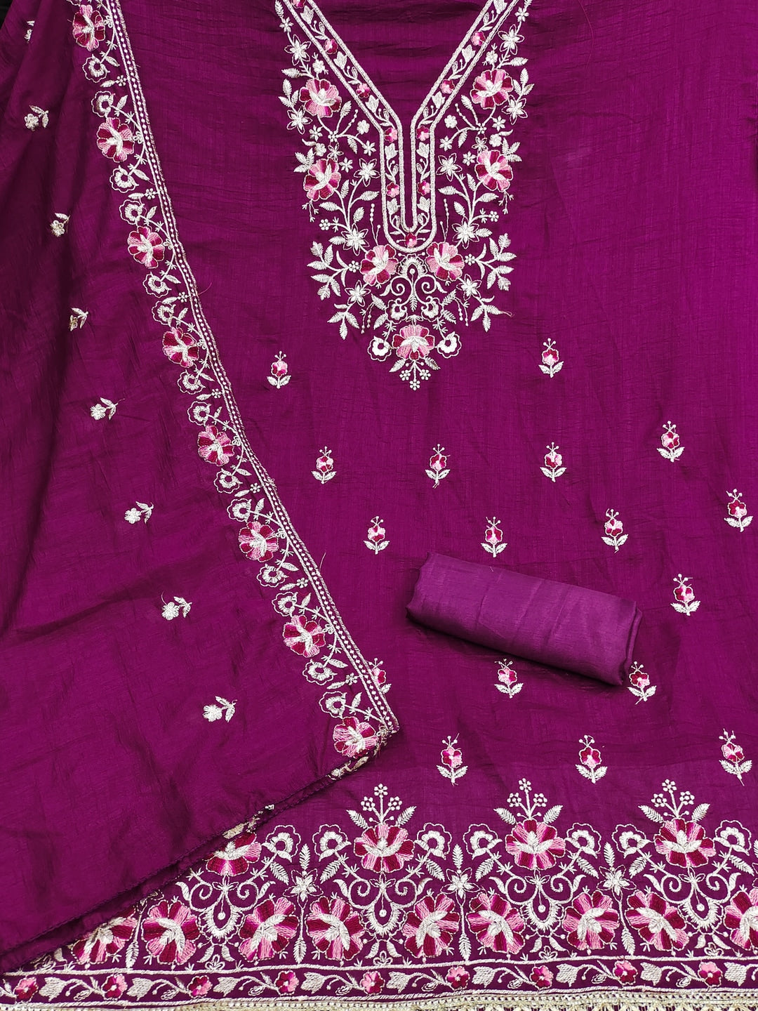 Peachmode Magenta Floral Embroidered Silk Blend Dress Material - Image 3