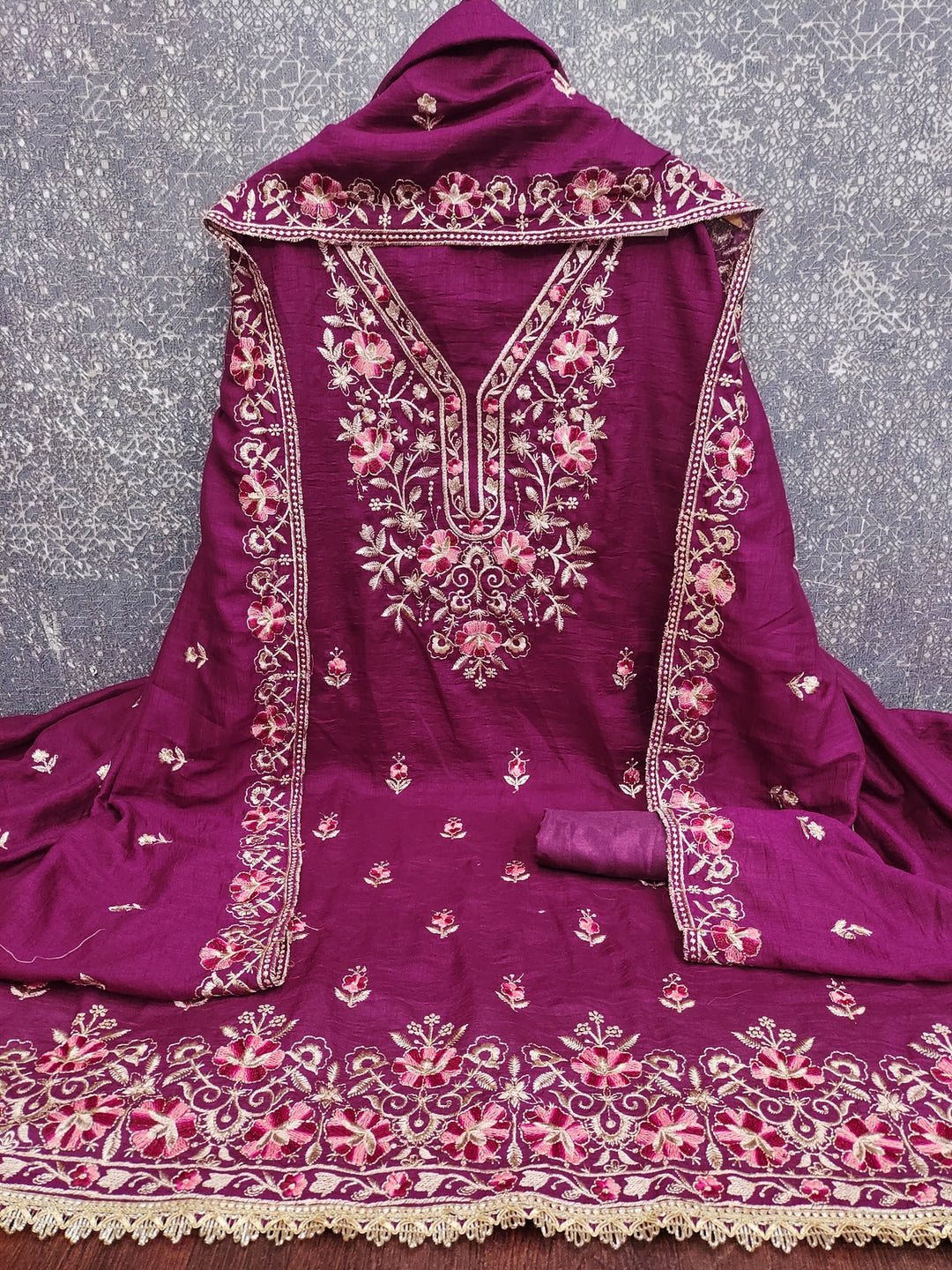 Peachmode Magenta Floral Embroidered Silk Blend Dress Material - Image 4