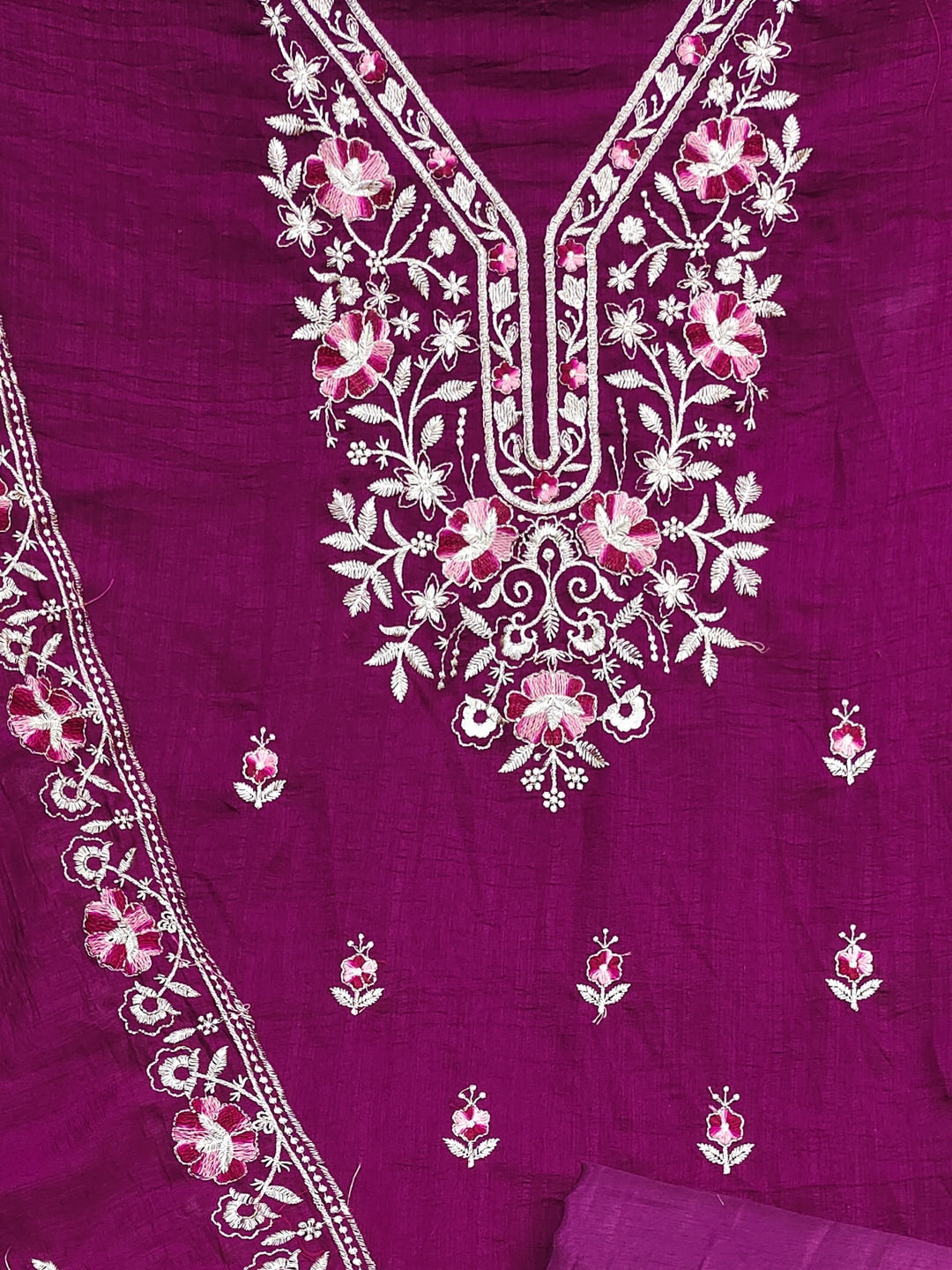 Peachmode Magenta Floral Embroidered Silk Blend Dress Material - Image 5