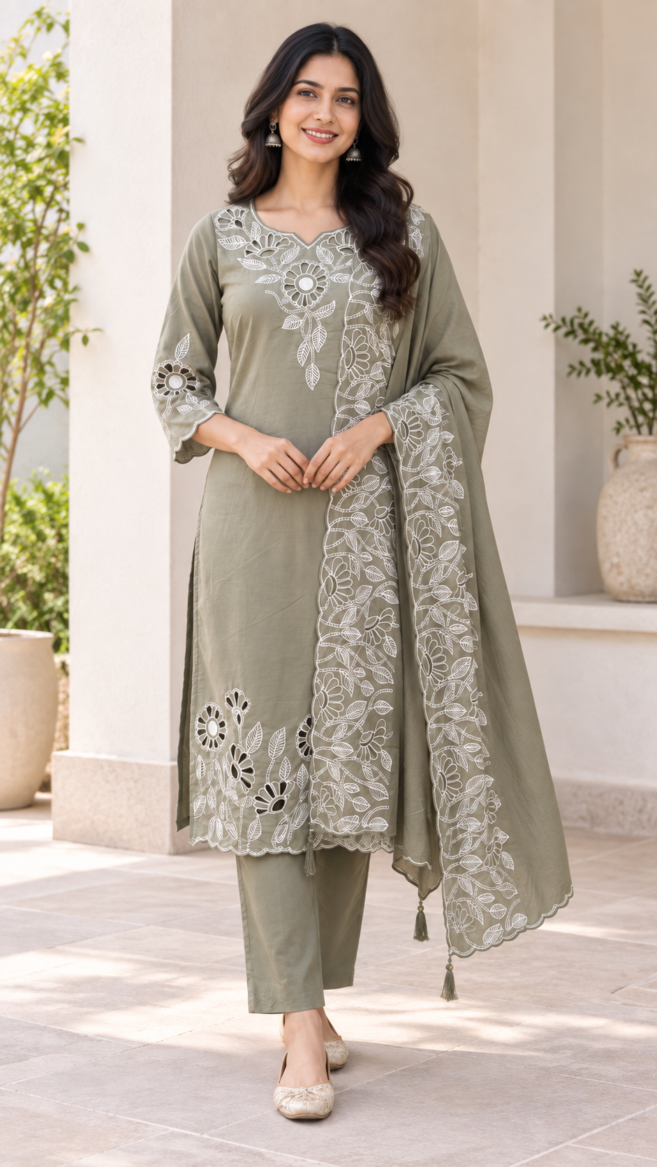Peachmode Olive Poly Blend Floral Cutwork Embroidered Salwar Suit Set - Image 2