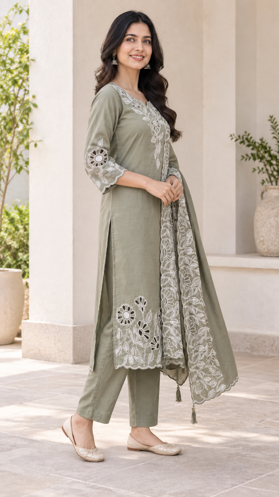 Peachmode Olive Poly Blend Floral Cutwork Embroidered Salwar Suit Set - Image 3