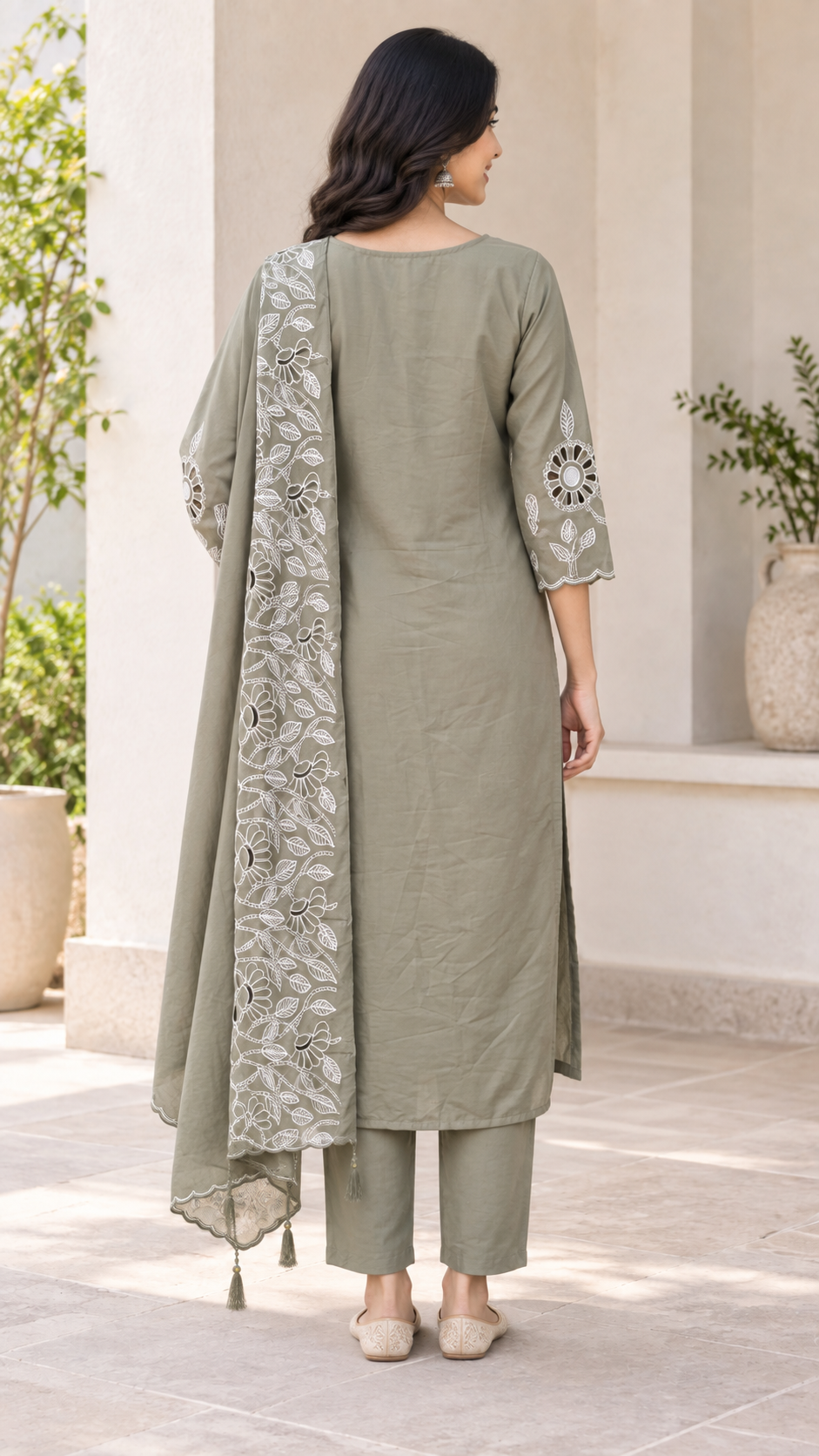 Peachmode Olive Poly Blend Floral Cutwork Embroidered Salwar Suit Set - Image 4