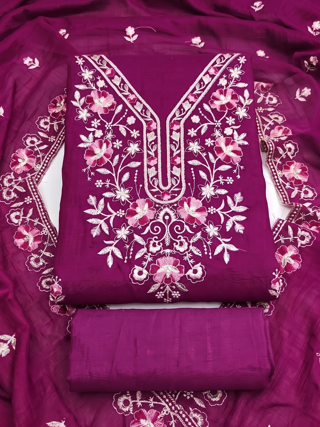 Peachmode Magenta Floral Embroidered Silk Blend Dress Material - Image 1
