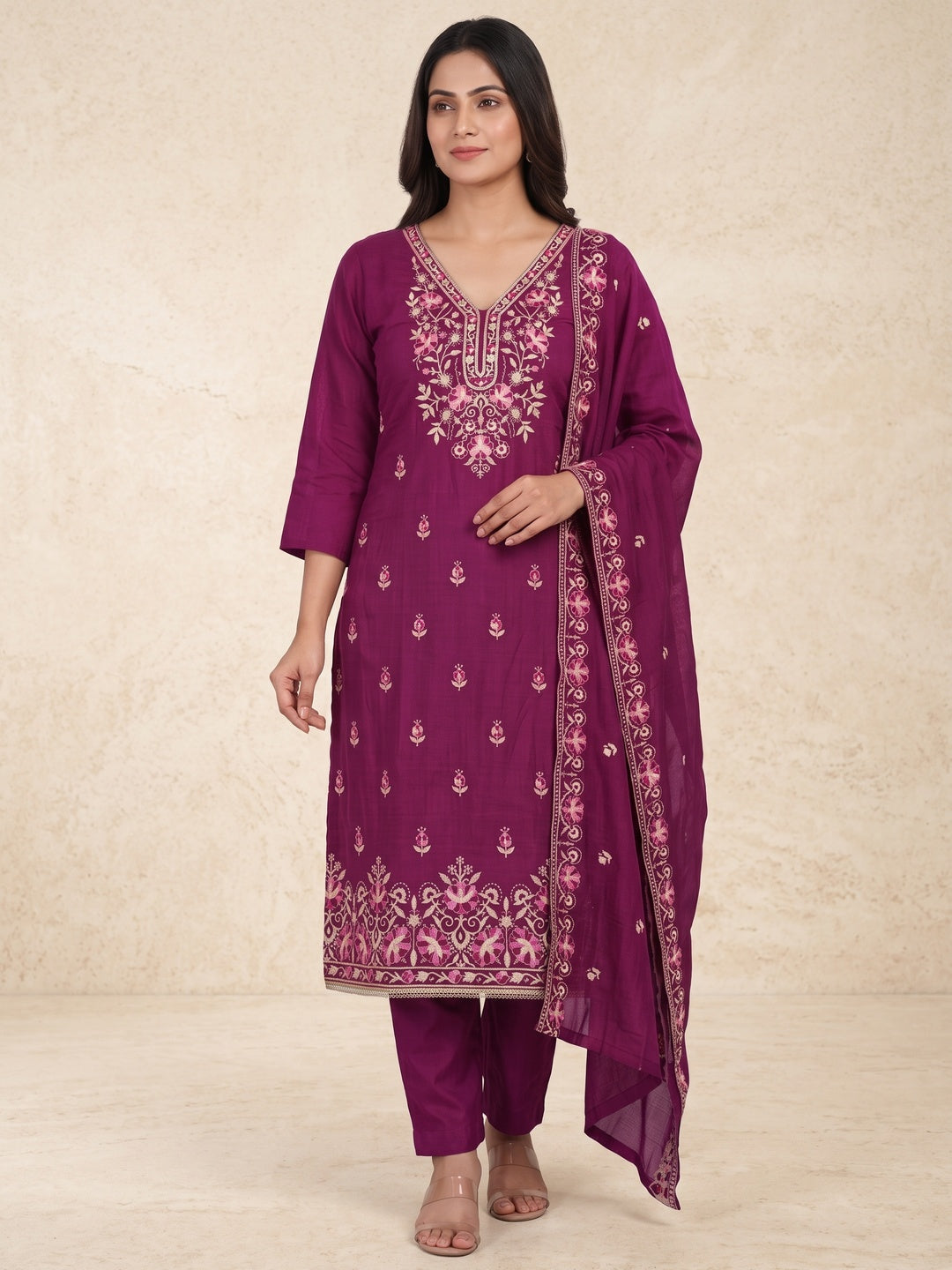 Peachmode Magenta Floral Embroidered Silk Blend Dress Material - Image 2