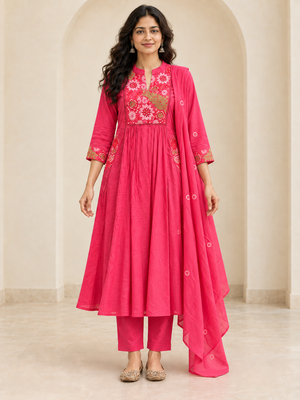 Peachmode Pink Mul Cotton Floral Embroidered Salwar Suit Set - Image 2