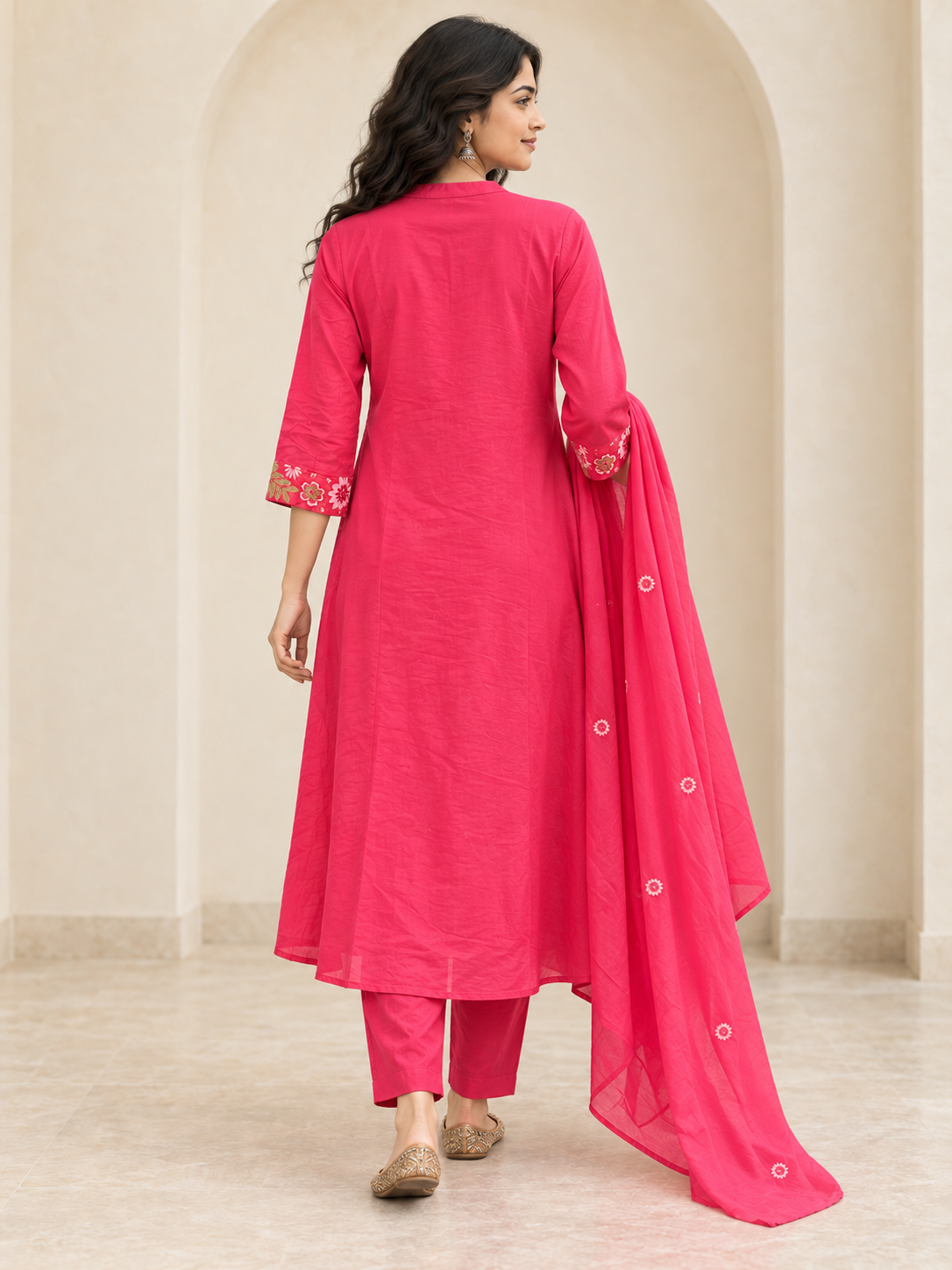 Peachmode Pink Mul Cotton Floral Embroidered Salwar Suit Set - Image 4