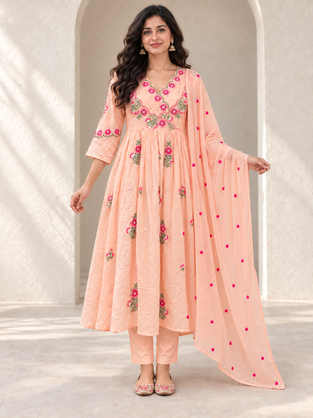 Peachmode Peach Mul Cotton Floral Embroidered Salwar Suit Set - Image 2