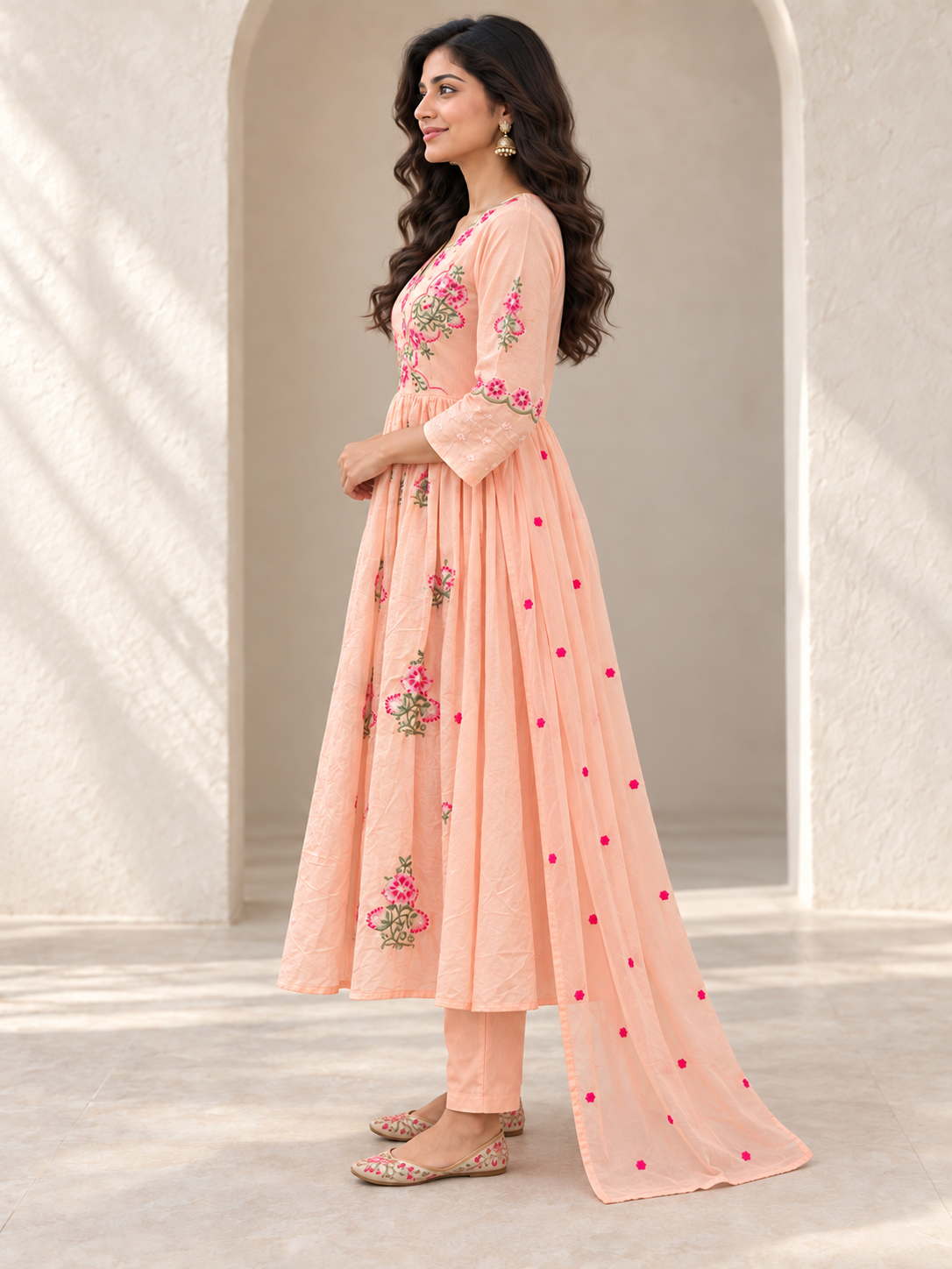 Peachmode Peach Mul Cotton Floral Embroidered Salwar Suit Set - Image 3