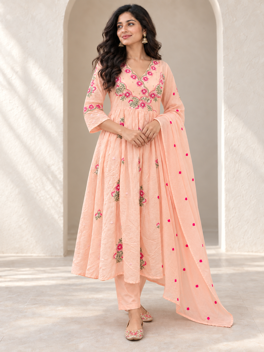 Peachmode Peach Mul Cotton Floral Embroidered Salwar Suit Set - Image 5
