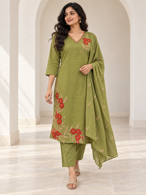 Peachmode Green Mul Cotton Floral Embroidered Salwar Suit Set - Image 1