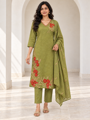 Peachmode Green Mul Cotton Floral Embroidered Salwar Suit Set - Image 2
