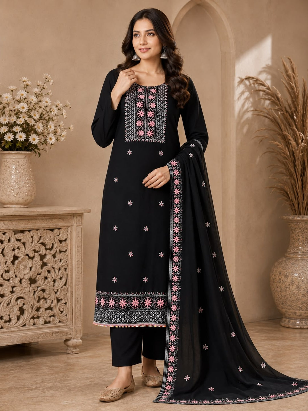 Peachmode Black Floral Embroidered Georgette Dress Material - Image 3
