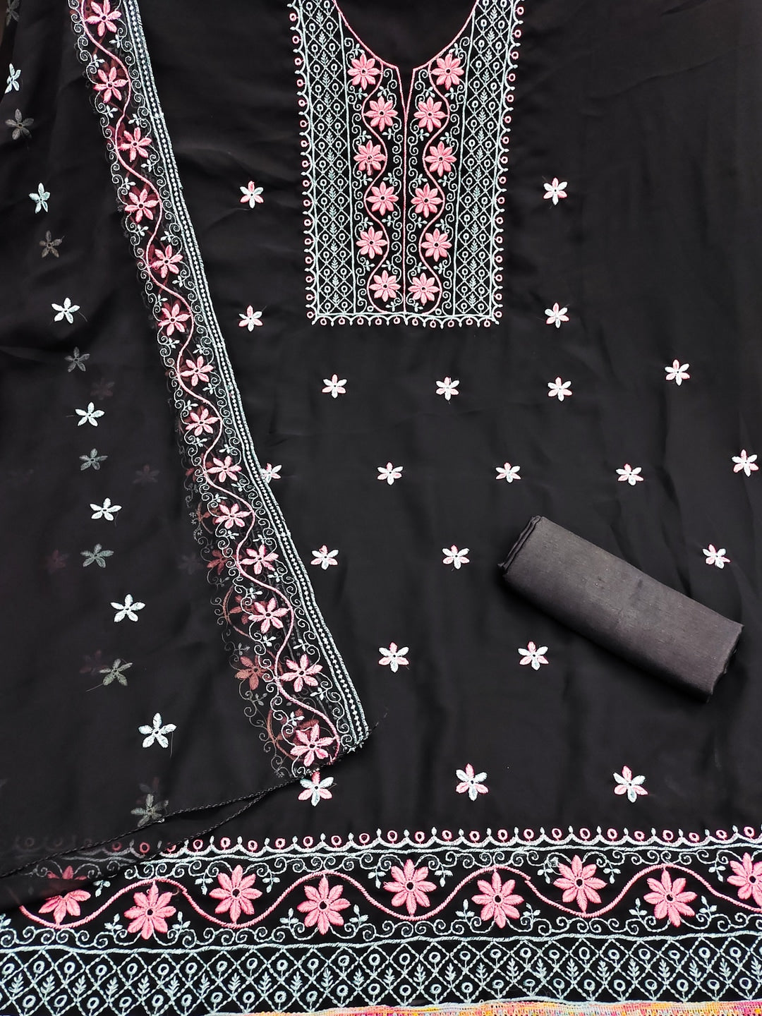 Peachmode Black Floral Embroidered Georgette Dress Material - Image 4