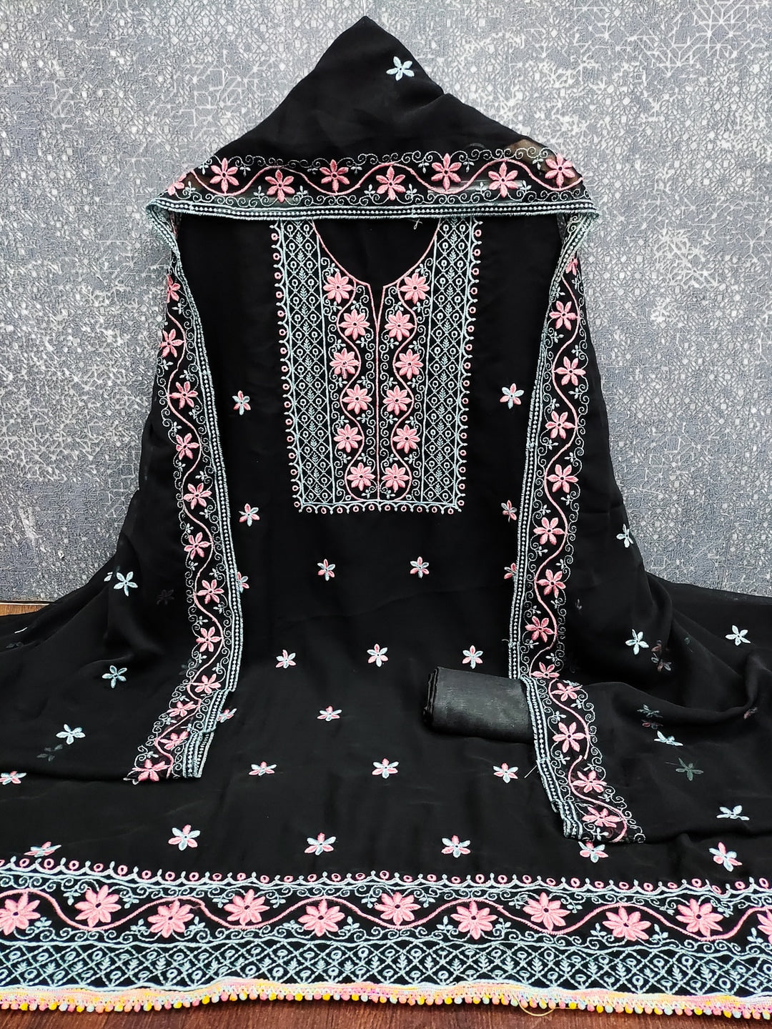 Peachmode Black Floral Embroidered Georgette Dress Material - Image 5