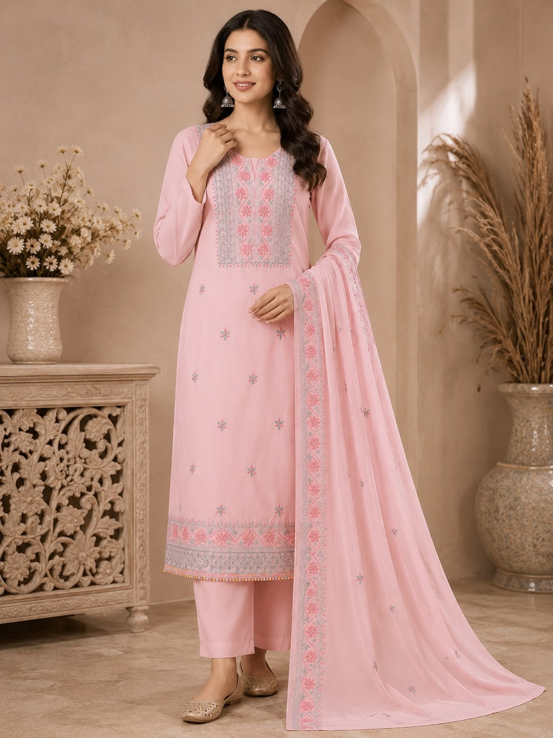 Peachmode Light Peach Floral Embroidered Georgette Dress Material - Image 3