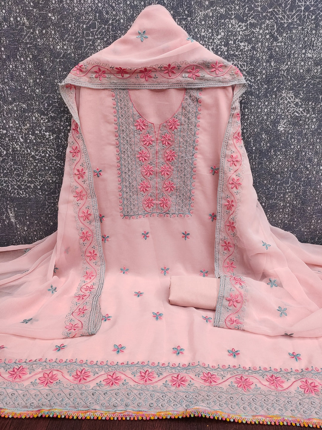 Peachmode Light Peach Floral Embroidered Georgette Dress Material - Image 4